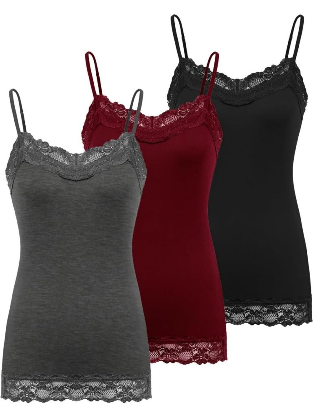Adjustable Spaghetti Strap Lace Trim Cami Tunic Tank Top - 3 Pack for Women